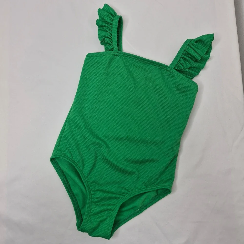 Ocean Gear Girls Green Textured‎ Ruffle Strap One Piece Swimsuit Size XS 4-5